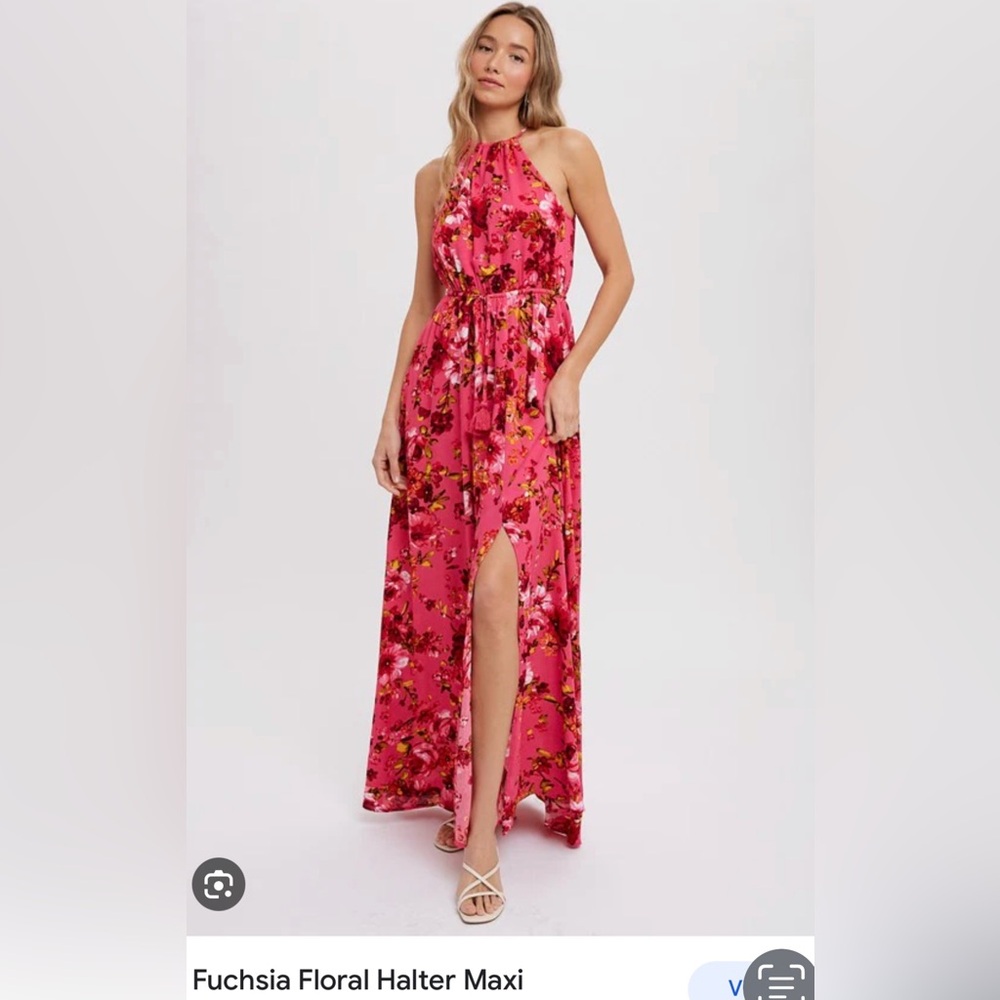 Bluivy Red and Pink Halter Maxi Dress with Slit